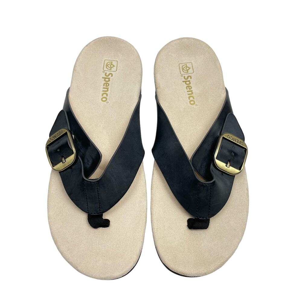 Spenco | 9.5D NWOB Sierra Black Leather Orthotic Comfort Thong Flip Flop Sandals - Picture 2 of 9